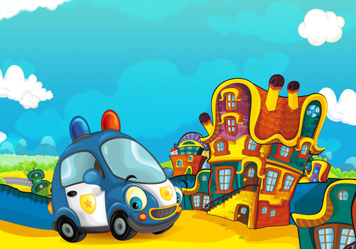 Cartoon police car smiling and looking in the parking lot - illustration for children © honeyflavour
