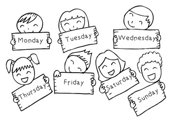  Days of week with children. Cartoon style.