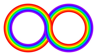 Two intertwined rainbow colored circles. Connected rings with rainbow bands in seven colors of the spectrum and visible light. Infinity symbol and lying eight. Isolated illustration over white. Vector