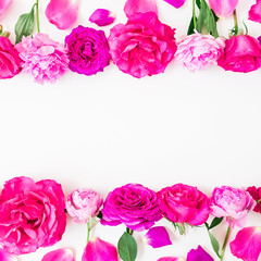 Fototapeta na wymiar Frame of pink flowers - roses, peonies and leaves on white background. Floral composition. Flat lay, top view.
