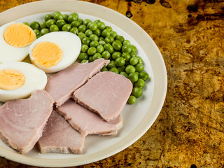 Cooked Ham and Egg Salad With Green Garden Peas