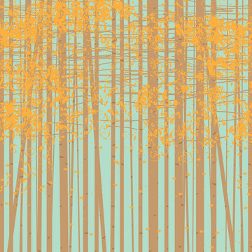 Vector seamless texture with the image of the autumn trees on blue sky background. Autumn forest vector background.