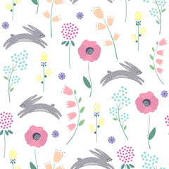 Easter bunny with spring flowers seamless pattern on white background. Cute childlike style holiday background. Cartoon baby rabbit illustration. Easter design for textile, fabric, decor.