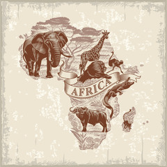 Африканские животные, континент, леттеринг, винтаж в красном цвете, иллюстрация, вектор