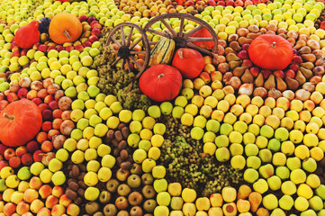Exposition with autumn fruits and vegetables