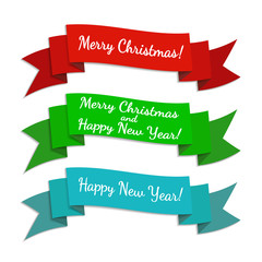Set of Christmas and New Year ribbon banners. EPS 10 isolated on white.
