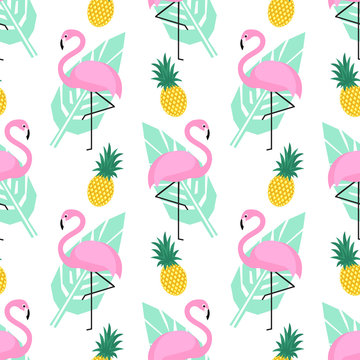 Tropical trendy seamless pattern with pink flamingos, pineapples and green palm leaves on white background. Exotic Hawaii art background. Design for fabric, wallpaper, textile and decor.