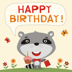 Happy birthday! Funny raccoon with birthday cake and gift. Birthday card with raccoon in cartoon style.
