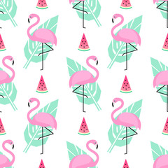 Tropical trendy seamless pattern with pink flamingos, watermelon and mint green palm leaves on white background. Exotic Hawaii art background. Design for fabric, wallpaper, textile and decor.