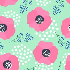 Fototapeten cCute spring colorful flowers seamless background - pink poppies and sprigs of flowers. Fashion design for fabric, wallpaper, textile and decor. © in_dies_magis