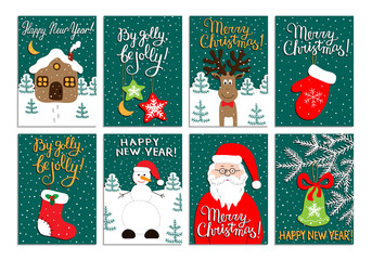 Christmas card set with Santa Claus, glove, sock, house, snowman, deer, stars and bell on the fir branch. New year postcards. Kids doodle style drawings. EPS 10 vector illustration with lettering.