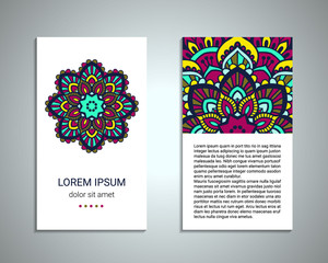 Indian style flyer with bright colorful mandala. Front and back pages. Ornamental blank with ethnic motifs. Oriental design concept. EPS 10 vector illustration. One clipping mask. Isolated.