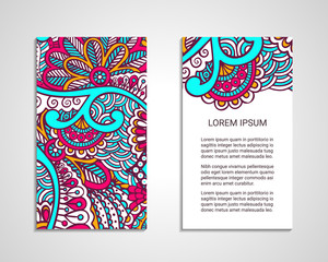 Indian style flyer with bright colorful ornament. Front and back pages. Ornamental vertical blank with ethnic motifs. Oriental design concept. EPS 10 vector illustration. Clipping masks. Isolated.