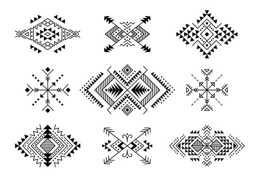Set of Aztec style ornaments and arrows. American indian ornamental pattern design collection. Tribal decorative templates. Ethnic ornamentation. EPS 10 vector. Isolated on the white background.