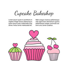 Cupcake brochure. Colored decorative card template of elegant hand-drawn sweets. Cookery design flyer. Culinary concept booklet. EPS 10 vector illustration.