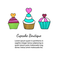 Cupcake brochure. Colored decorative card template of elegant hand-drawn sweets. Cookery design flyer. Culinary concept booklet. EPS 10 vector illustration.