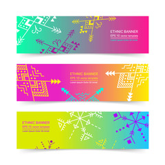 Fototapeta na wymiar Bright colorful horizontal gradient banner design temlpate set with tribal aztec style ornament. Ethnic background collection. EPS 10 vector website header concept illustration. Clipping masks.