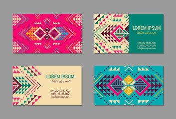 Aztec style colorful business card set. American indian ornamental pattern design. Ornate blank with ethnic motifs. Tribal decorative template. EPS 10 vector concept. 