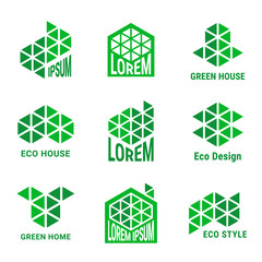 Ecological style logo design for building or construction company. Green emblems made of triangles. EPS 10 vector logotype set. Isolated.