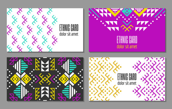 Aztec style colorful business card set. American indian ornamental pattern design. Ornate blank with ethnic motifs. Tribal decorative template. EPS 10 vector concept.	
