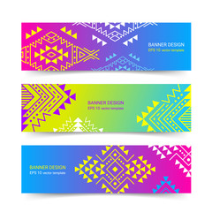 Bright colorful horizontal gradient banner design temlpate set with tribal aztec style ornament. Ethnic background collection. EPS 10 vector website header concept illustration. Clipping masks.