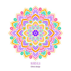 Indian colorful; mandala ornamentation design. Asian traditional mehandi style decor. EPS 10 vector illustration isolated on the white background.