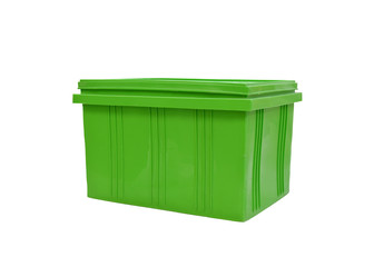Green plastic box packaging of finished goods product on white background with clipping path.