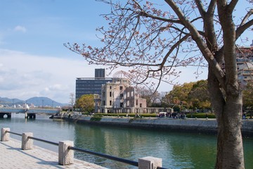Hiroshima, Japan - May 2017: Atomic Dome near Ota River  in Hiroshima Peace Memorial Park, Japan on May 2017