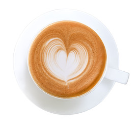 Top view of hot coffee cappuccino latte art heart shape foam isolated on white background, clipping...
