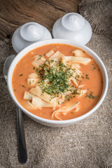 Fresh tomato soup with rice.