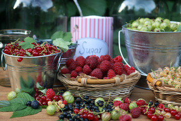 Ripe red raspberries, gooseberries, black, red and white currants, blueberries in wicker baskets and metal buckets. Summer harvest of berries.