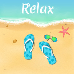 Slates, starfish and sunglasses by the sea. Opening of the summer season. Relax on the beach. Vector illustration