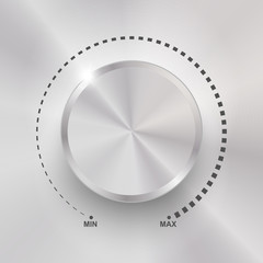 Volume button, sound control, music knob with metal texture and number scale isolated on background