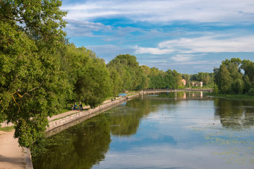 Fototapeta premium VYSHNY VOLOCHYOK, RUSSIA - JULY 31, 2016: Summer view of embankment Oleg Matveev. The River Tsna.