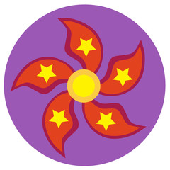 Red spinner with five blades in the form of petals and stars a flat style. Vector image on a round purple background. Element of design, interface