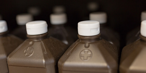 Hydrogen peroxide bottles.