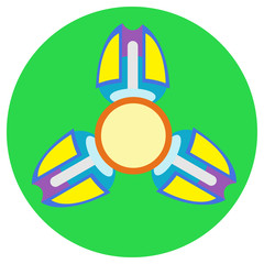 Yellow with purple spinner with three blades a flat style. Vector image on a round light green background. Element of design, interface