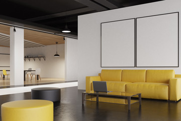 Office waiting room: sofa, gallery, side