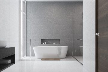 Naklejka na ściany i meble Gray bathroom, white tiles, white sink