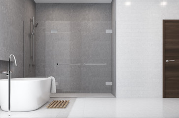 Fototapeta na wymiar Gray bathroom, white tiles, shower side