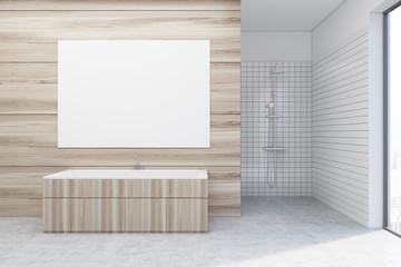 Wooden bathroom, shower, poster