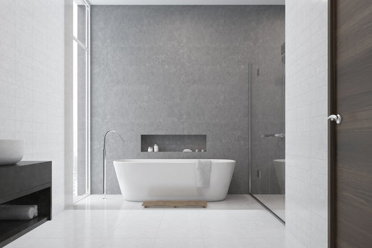 Gray bathroom, white tiles, white sink