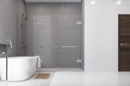Gray bathroom, white tiles, shower side