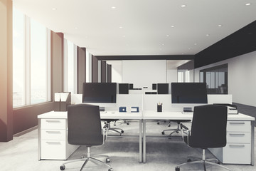 White and black open space office toned