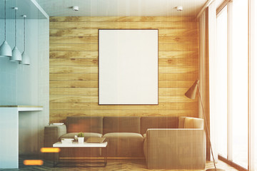 Living room and kitchen, wood close up toned