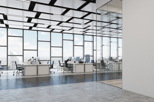 Open office, loft, glass, side view