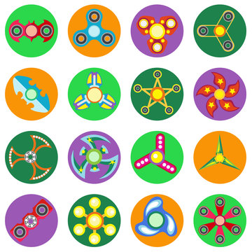 Set of 16 spinners of different shapes a flat style. Vector image on a round colored background. Element of design, interface