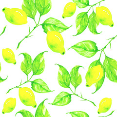 Seamless watercolor background. With a vintage pattern of lemons, lime, a branch with green leaves. Beautiful pattern for different designs.