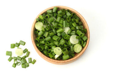green onion in bowl isolated on white background. top view