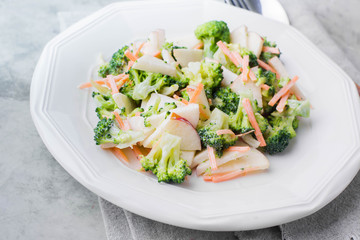 Vegetable salad with broccoli,apple,carrots, pine nuts and sauce in white plate on light stone table background. Healthy vegetarian food/ Copy space